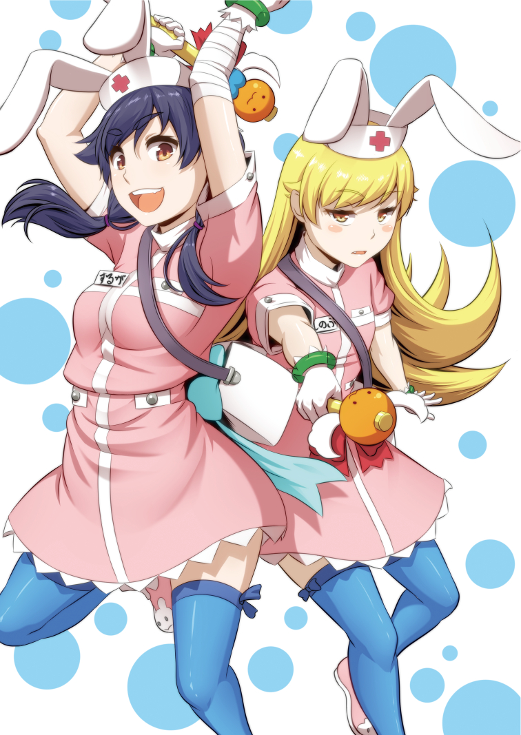2girls, animal_ears, black_hair, blonde_hair, brown_eyes, cosplay, kanbaru_suruga, long_hair