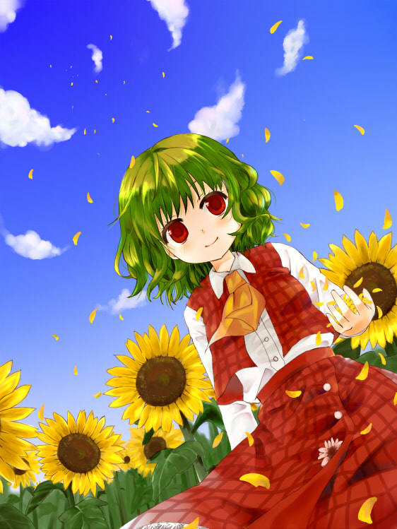 bad_id, flower, green_hair, kazami_yuuka, petals, plaid, plaid_skirt, plaid_vest