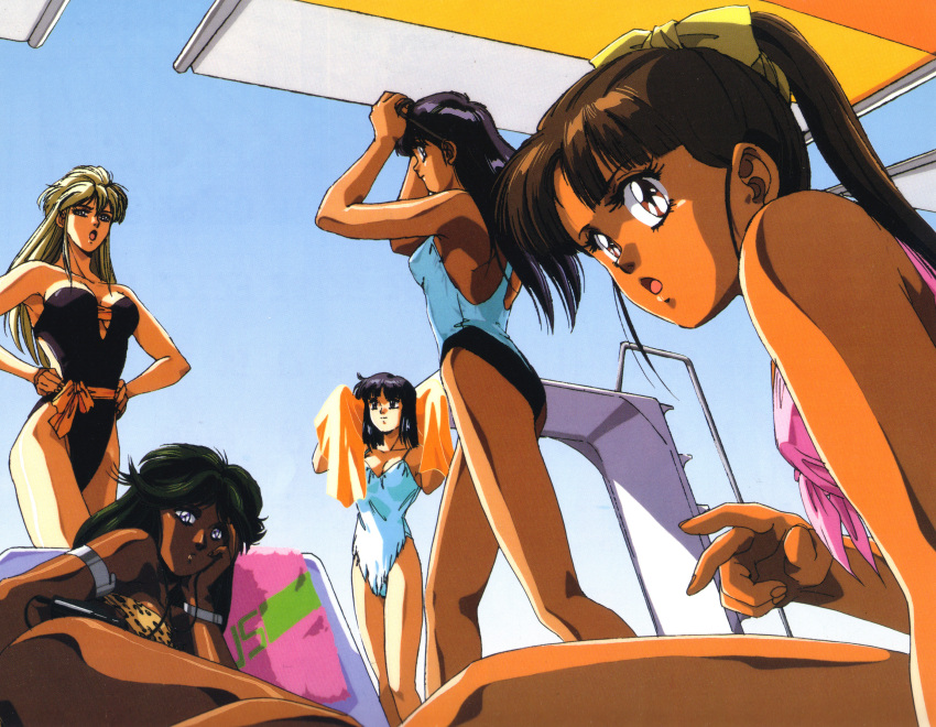 5girls, 90s, absurdres, ass, beach_umbrella, blonde_hair, bow, brown_eyes