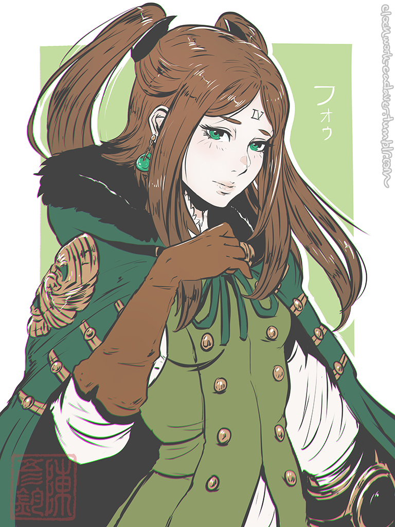 1girl, brown_gloves, brown_hair, buttons, clockwork-cadaver, coat, drag-on_dragoon_3, earrings