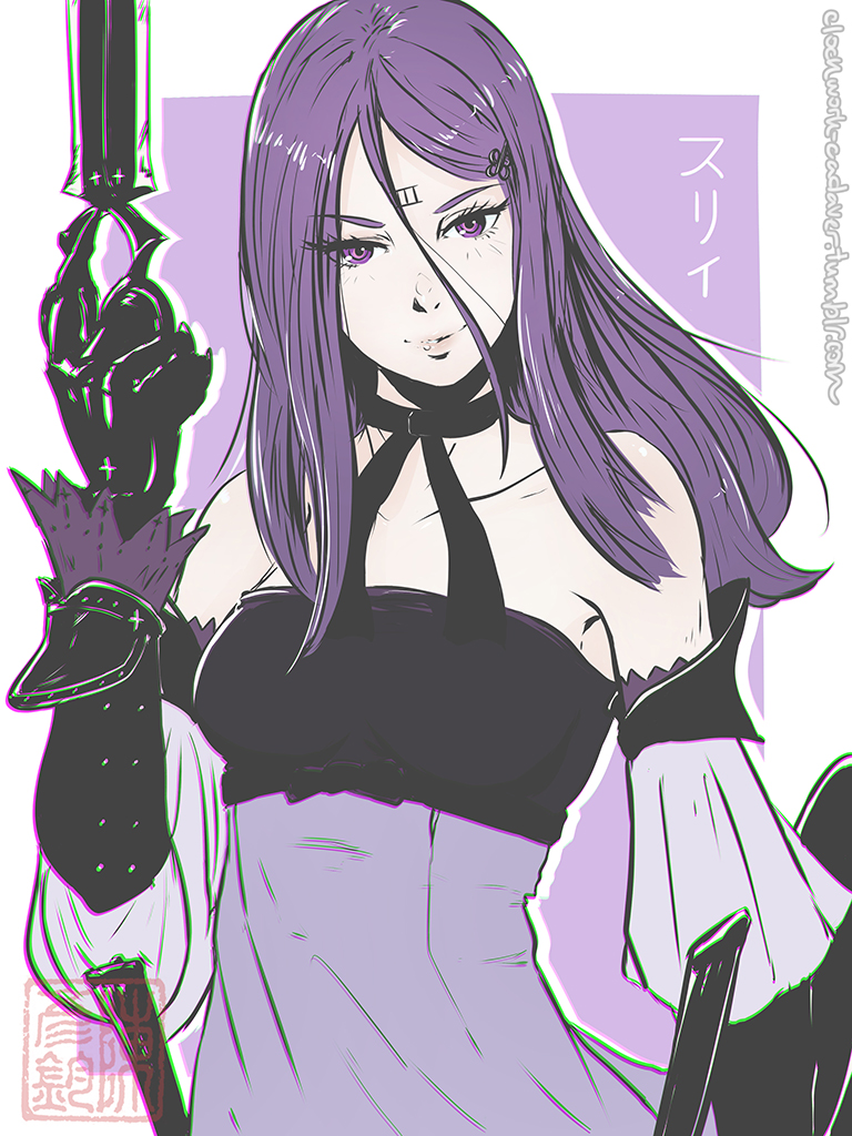 1girl, bare_shoulders, black_gloves, butterfly, butterfly_hair_ornament, clockwork-cadaver, cross, detached_sleeves, drag-on_dragoon_3, dress, facial_mark, forehead_mark, gauntlets, gloves, hair_ornament, hairpin, japanese, long_hair, purple, purple_dress, purple_hair, roman_numerals, scissors, solo, three_(drag-on_dragoon), violet_eyes, watermark, weapon, web_address