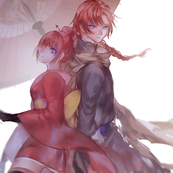1boy, 1girl, ahoge, alternate_costume, alternate_hairstyle, back-to-back, black_clothes, blue_eyes