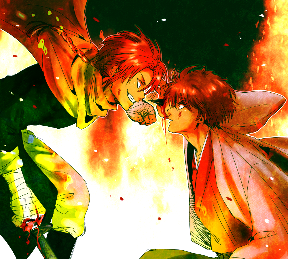 2boys, ahoge, bandaged_arm, bandages, blood, blood_on_face, bloody_clothes, braid, brown_hair, evil_grin, evil_smile, fighting, fire, gintama, grin, injury, kamui_(gintama), katana, long_hair, looking_at_another, multiple_boys, nuo, okita_sougo, orange_hair, short_hair, side_view, single_braid, smile, source_request, sword, teeth, weapon