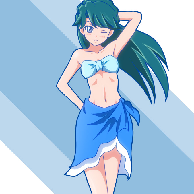 1girl, arm_up, armpits, atair, bandeau, bikini, blue_eyes, blue_hair