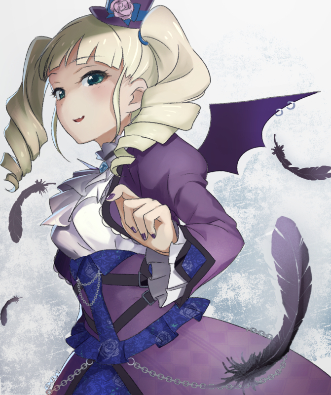 aikatsu!, bat_wings, blonde_hair, brooch, chain, cowboy_shot, drill_hair, fang