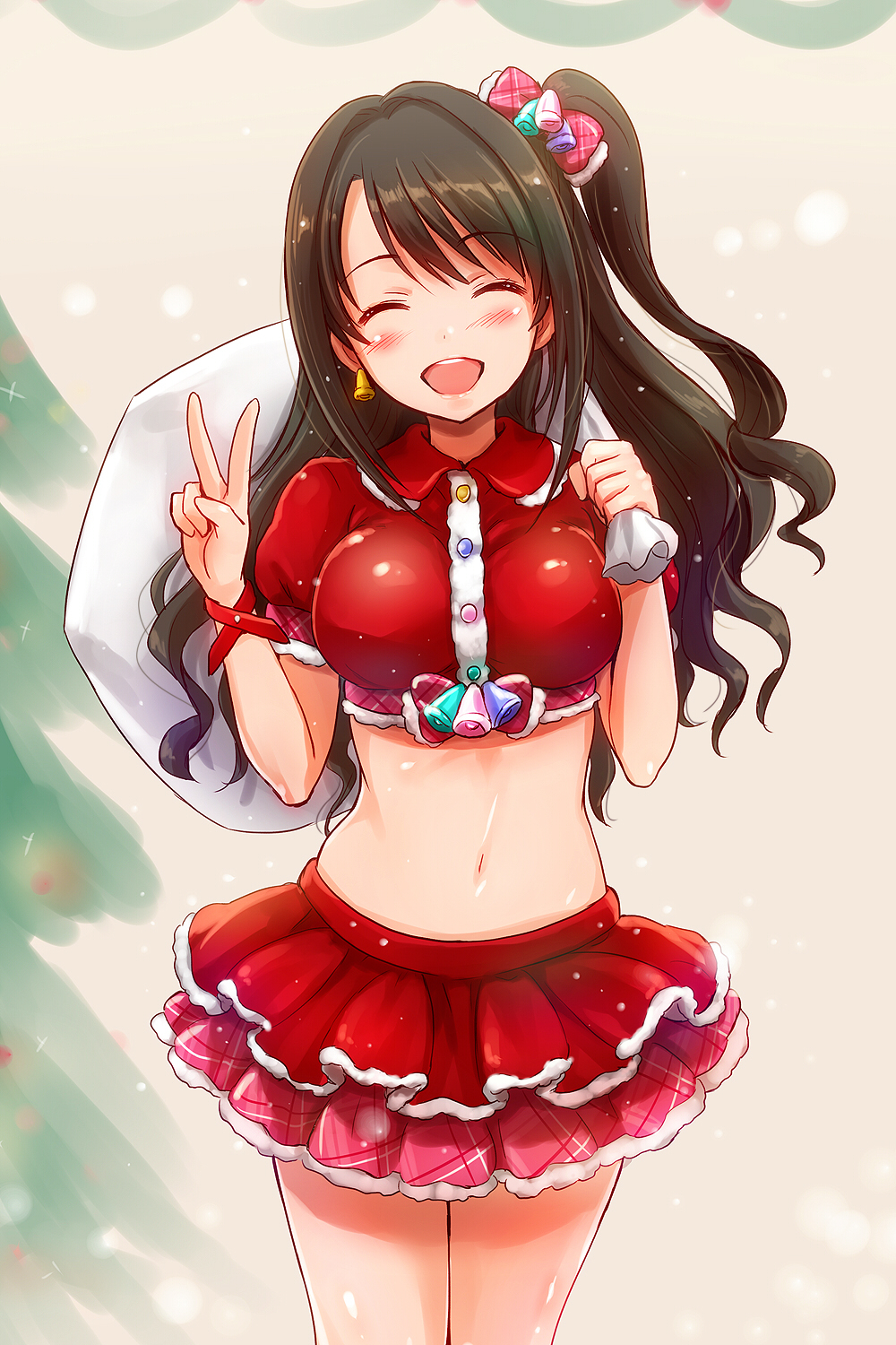 1girl, :d, adapted_costume, alternate_color, bell_earrings, blush, brown_hair, christmas