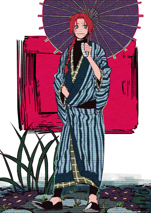 1boy, ahoge, black_shoes, blue_eyes, braid, flower, gintama, holding_umbrella