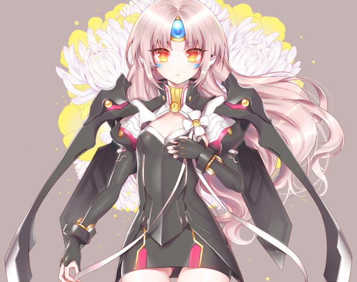 1girl, armor, black_skirt, code:_nemesis_(elsword), cowboy_shot, elsword, eve_(elsword), expressionless
