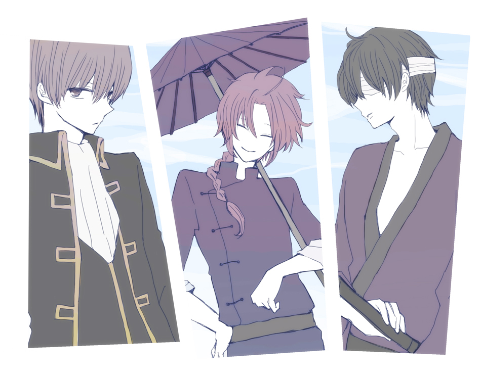 3boys, ^_^, ahoge, bandage_on_face, bandage_over_one_eye, bandages, braid, brown_hair