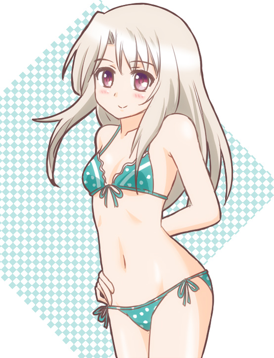 1girl, atair, bikini, blush, fate/kaleid_liner_prisma_illya, fate/stay_night, fate_(series), front-tie_top, illyasviel_von_einzbern, long_hair, navel, polka_dot, polka_dot_bikini, polka_dot_swimsuit, red_eyes, side-tie_bikini, smile, solo, swimsuit, white_hair