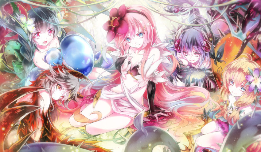 5girls, bare_shoulders, black_bra, black_hair, blonde_hair, bra, braid, bridal_gauntlets