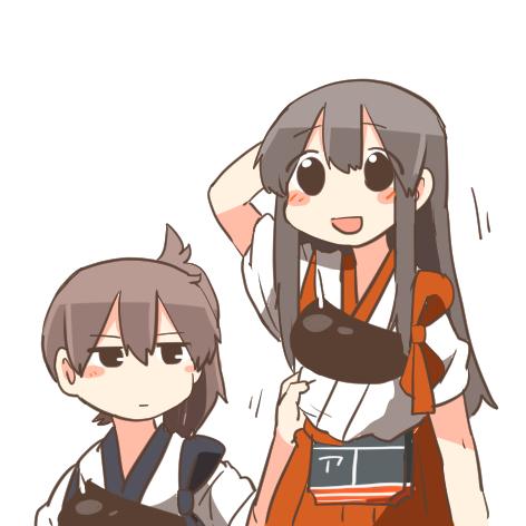 2girls, akagi_(kantai_collection), arms_behind_head, azumanga_daioh, black_eyes, blush, brown_hair, clothes_tug