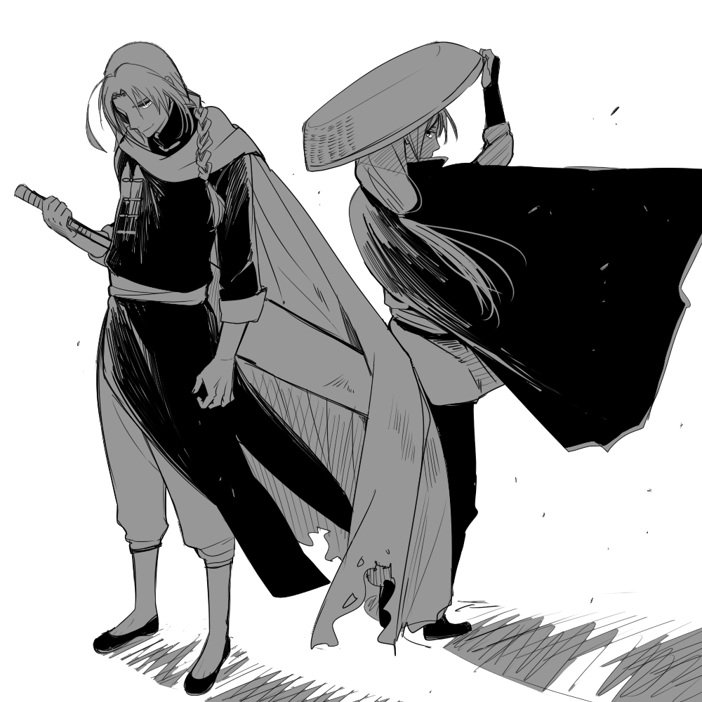 1boy, 1girl, ahoge, black_shoes, braid, cape, chinese_clothes, flats