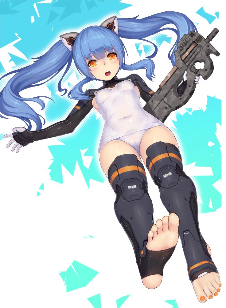 1girl, 2d, armor, armpits, barefoot, black_armor, black_gloves, black_legwear