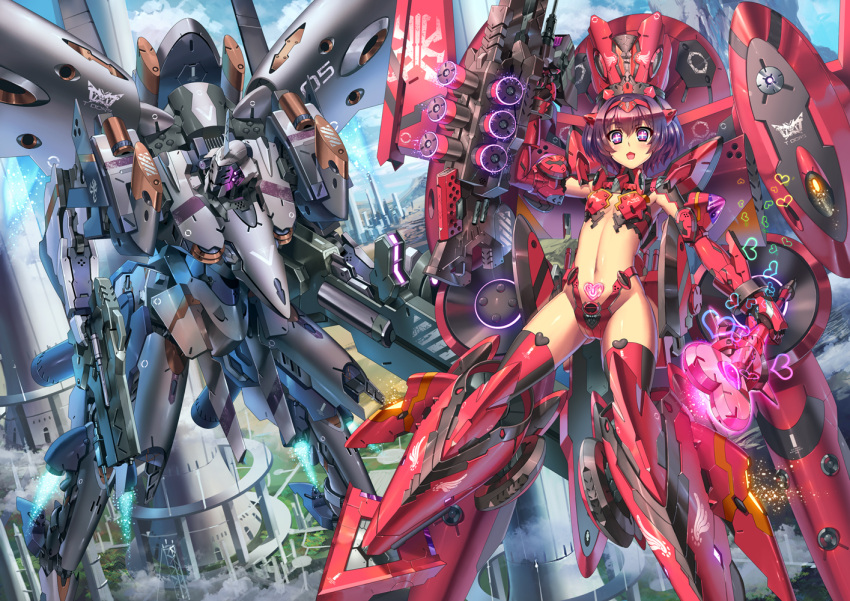 +_+, 1girl, aguy, arm_up, armor, armored_boots, armpits, ass_visible_through_thighs, assault_rifle, blue_sky, building, cityscape, cleavage_cutout, clouds, day, elbow_gloves, eyebrows, eyebrows_visible_through_hair, floating, gloves, greaves, gun, headband, heart, highleg, holding_gun, holding_weapon, looking_at_viewer, machine_gun, magical_girl, mecha, mecha_musume, navel, open_mouth, original, purple_hair, red_armor, rifle, robot, shiny, shiny_hair, shiny_skin, short_hair, sky, thigh-highs, thrusters, turtleneck, vambraces, violet_eyes, wand, weapon