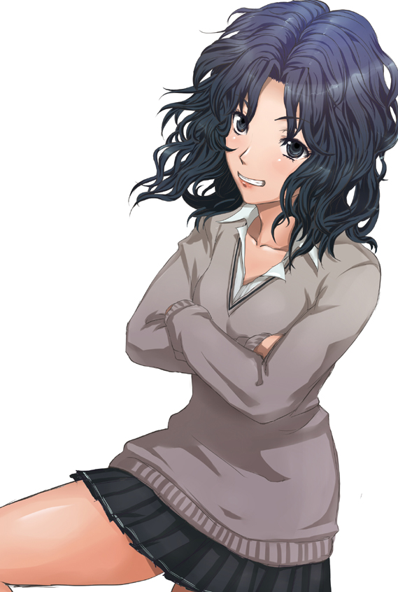 1girl, amagami, black_eyes, black_hair, crossed_arms, kakuka, messy_hair, open_collar