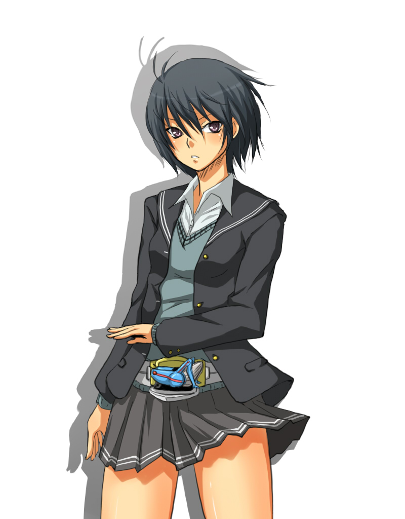 amagami, belt, black_hair, kamen_rider, kamen_rider_kabuto_(series), kamen_rider_kick_hopper, nanasaki_ai, parody, pleated_skirt, school, short_hair, skirt, toki_(artist), uniform