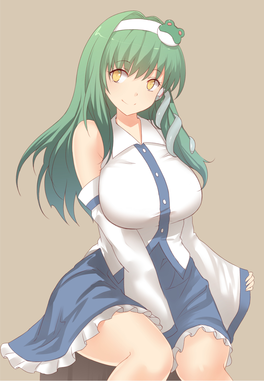 1girl, bare_shoulders, breasts, detached_sleeves, frog_hair_ornament, green_hair, hair_ornament, highres