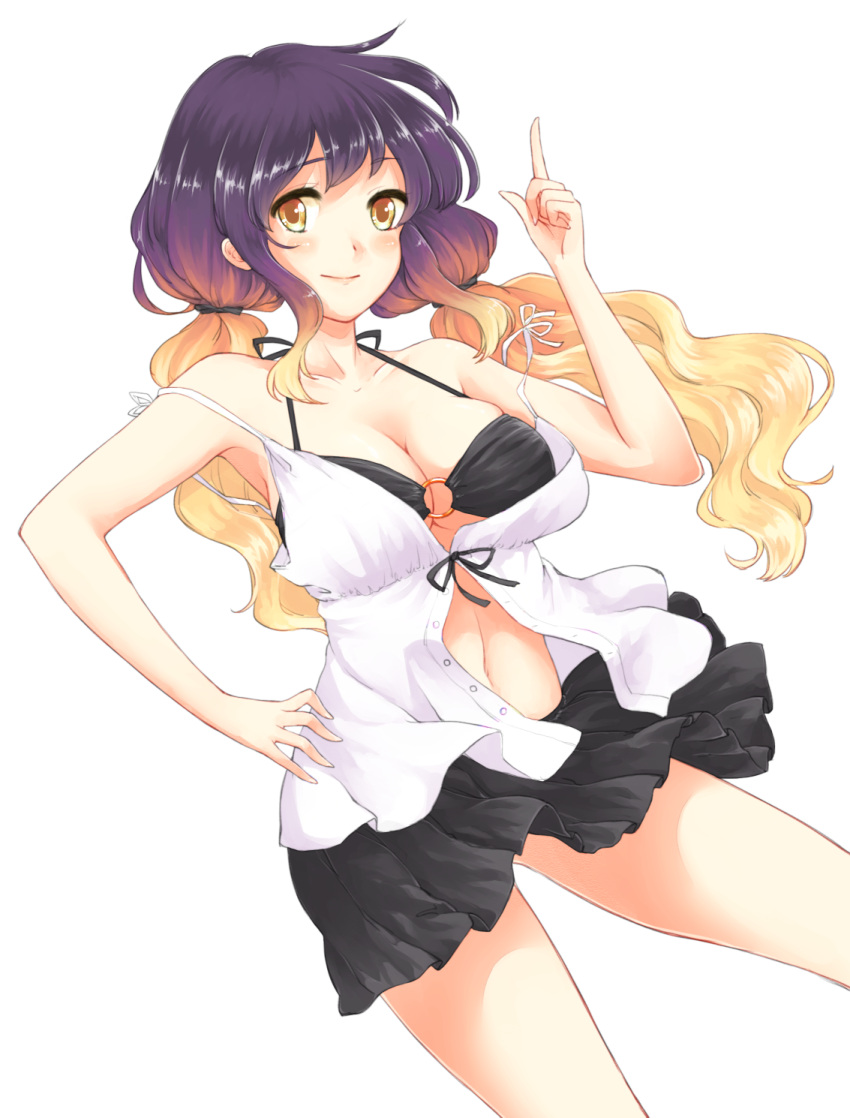 1girl, alternate_hairstyle, bikini, black_bikini, blonde_hair, breasts, cleavage, collarbone