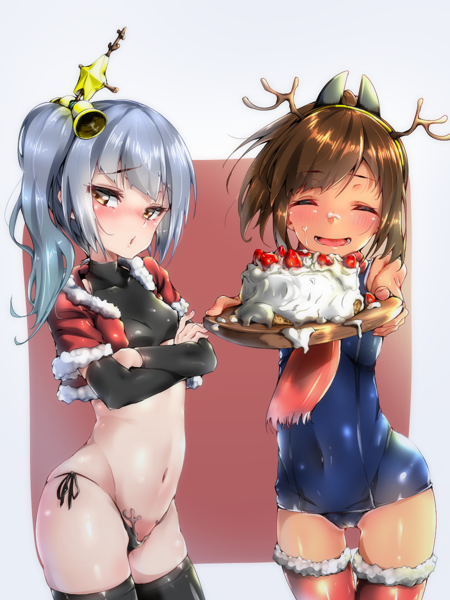 2girls, alternate_costume, antlers, arm_warmers, bell, black_legwear, black_panties, blush