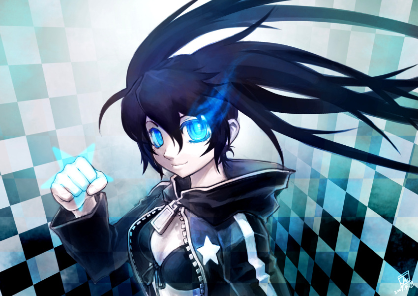 bikini_top, black_hair, black_rock_shooter, black_rock_shooter_(character), blue_eyes, coat, glowing, glowing_eyes