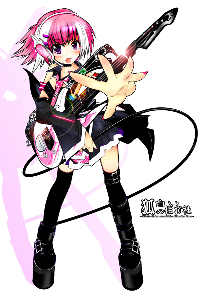 bass, boots, detached_sleeves, glasses, guitar, hair_streak, headphones, nail_polish