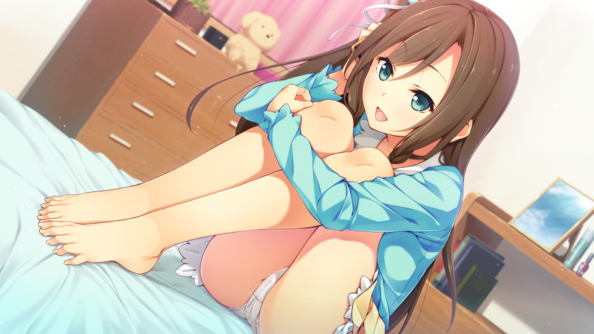 1girl, aqua_eyes, barefoot, bed, bed_sheet, blurry, brown_hair, depth_of_field