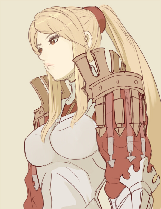 1girl, armor, blonde_hair, brown_eyes, gauntlets, long_hair, looking_to_the_side, nonji_(sayglo_halo), ponytail, sidelocks, simple_background, solo, spaulder