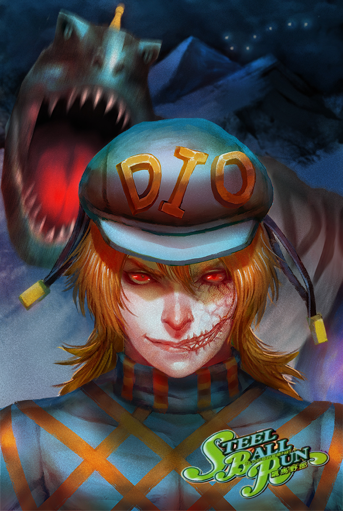 1boy, akuseru_arumaa, copyright_name, cracked_skin, diego_brando, dinosaur, hat, jojo_no_kimyou_na_bouken