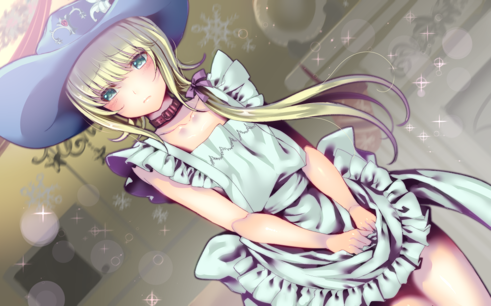 androgynous, apron, blonde_hair, blue_eyes, collar, collarbone, fate/grand_order, fate_(series), hair_ribbon, hat, kiryuu_mina, le_chevalier_d'eon_(fate/grand_order), long_hair, naked_apron, ponytail, ribbon, solo, sparkle