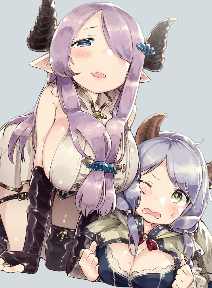 2girls, :d, ;o, black_gloves, black_legwear, blue_background, blue_eyes, blue_hair
