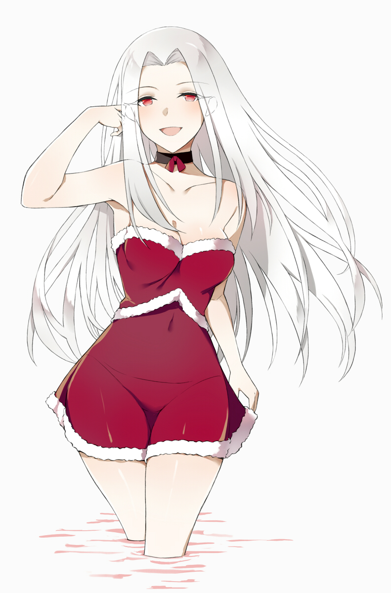1girl, :d, aemu_(august_life), arm_up, armpits, breasts, choker, cleavage, fate/zero, fate_(series), highres, irisviel_von_einzbern, long_hair, looking_at_viewer, navel, open_mouth, panties, red_eyes, santa_costume, see-through, silver_hair, simple_background, smile, solo, underwear, very_long_hair, white_background