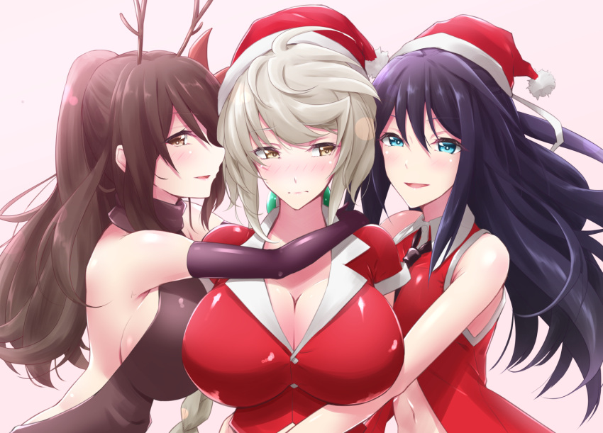 3girls, alternate_costume, amagi_(kantai_collection), antlers, aqua_eyes, arms_around_neck, backless_outfit, black_hair