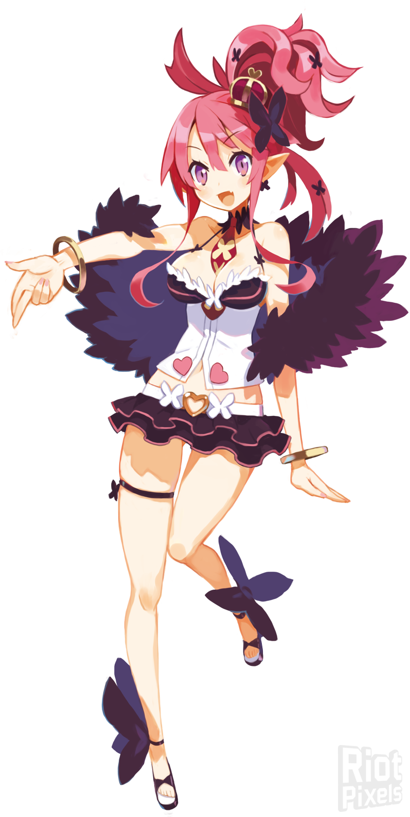 1girl, 3rd_party_watermark, :d, bracelet, breasts, cleavage, crown, disgaea, feather_boa, full_body, harada_takehito, highres, jewelry, makai_senki_disgaea_5, miniskirt, necktie, official_art, open_mouth, pink_hair, pointy_ears, ponytail, sandals, seraphina_(disgaea), shoes, short_hair, skirt, smile, solo, standing_on_one_leg, violet_eyes, watermark, white_background