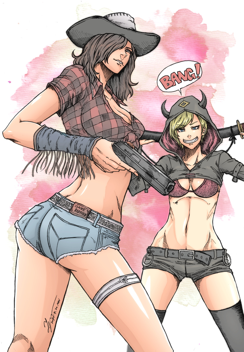 2girls, absurdres, alternate_costume, belt, blonde_hair, bra, breasts, brown_hair, claire_redfield, cleavage, english, gun, hair_over_eyes, handgun, highres, large_breasts, long_hair, moira_burton, multiple_girls, pistol, resident_evil, resident_evil_revelations, resident_evil_revelations_2, short_hair, shorts, thigh-highs, tryvor, underwear, weapon