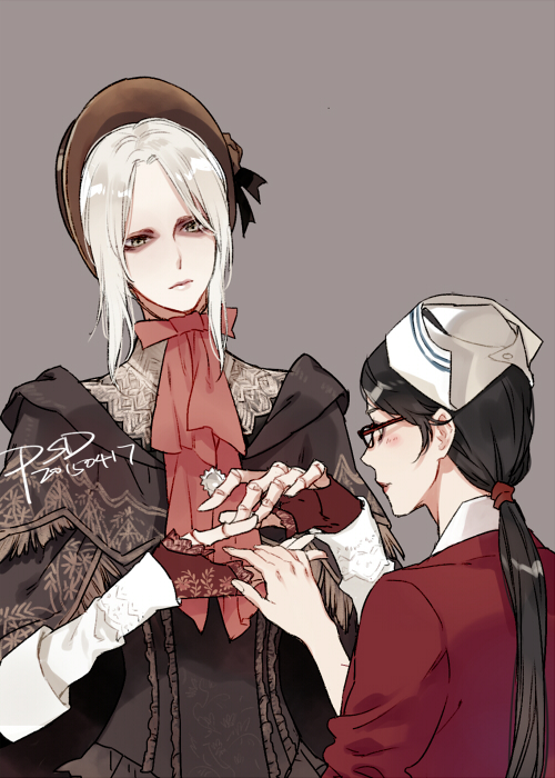 2girls, bangs, bloodborne, bonnet, cloak, doll_joints, flower, hat, long_hair, multiple_girls, nurse, nurse_cap, plain_doll, psd, tatiana_gutierrez, the_evil_within, white_hair