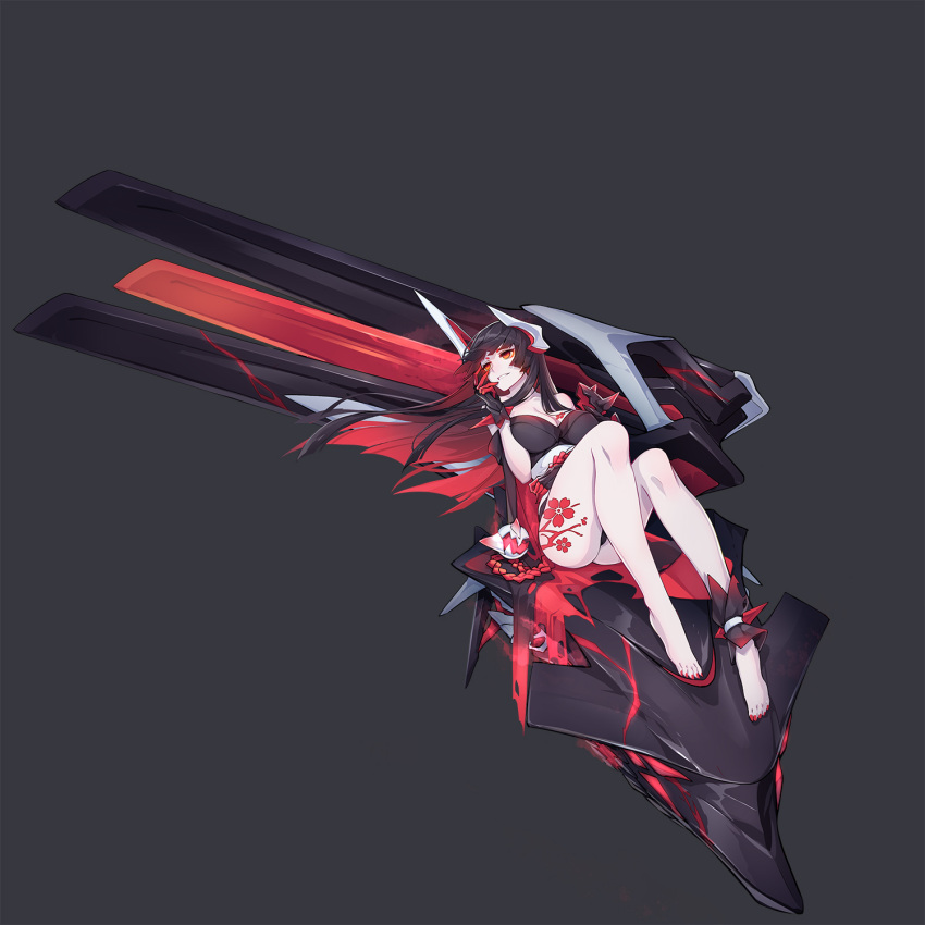 1girl, akagi_(zhan_jian_shao_nyu), ankle_cuffs, ass, bare_shoulders, barefoot, black_background, black_hair, black_kimono, black_panties, breasts, cleavage, collarbone, dark_persona, flower, full_body, gloves, hand_on_own_face, headgear, highres, japanese_clothes, kimono, large_breasts, leaning_back, long_hair, looking_away, looking_to_the_side, machinery, makeup, multicolored_hair, nail_polish, ntrsis, obi, panties, pantyshot, red_eyes, red_nails, redhead, rope, sash, shinkaisei-kan, sitting, solo, spikes, tattoo, torn_clothes, two-tone_hair, underwear, zhan_jian_shao_nyu