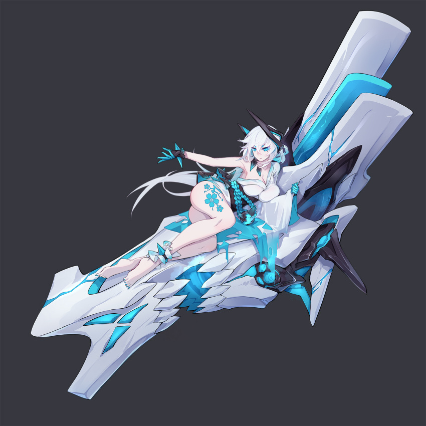 1girl, armpits, ass, bangs, bare_shoulders, barefoot, black_background, blue_eyes, breast_press, breasts, cleavage, collarbone, dark_persona, flower, frills, full_body, gloves, headgear, highres, kaga_(zhan_jian_shao_nyu), large_breasts, long_hair, looking_away, looking_to_the_side, lying, machinery, makeup, mole, mole_under_eye, ntrsis, obi, on_side, outstretched_arm, reaching, rope, sash, shinkaisei-kan, simple_background, single_bare_shoulder, solo, tattoo, white_hair, white_kimono, wrist_cuffs, zhan_jian_shao_nyu