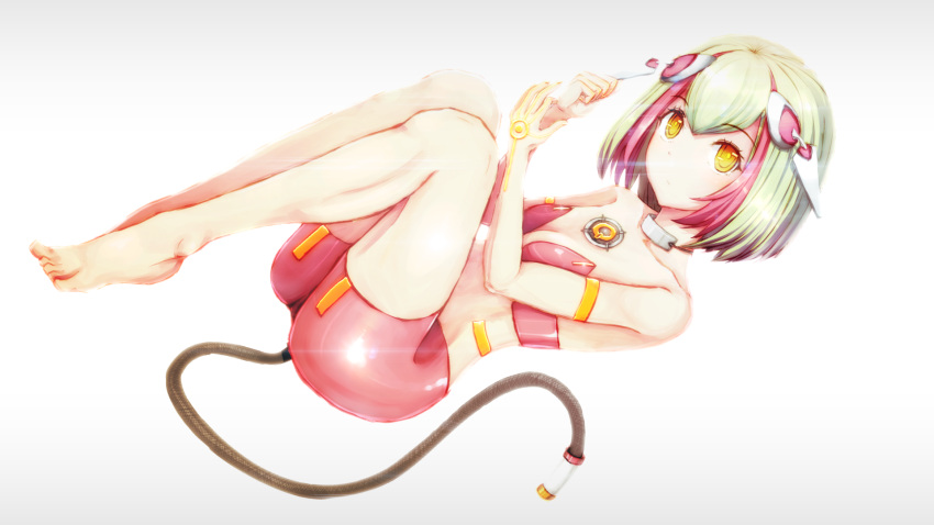 1girl, android, bike_shorts, dimension_w, full_body, green_hair, headgear, highres
