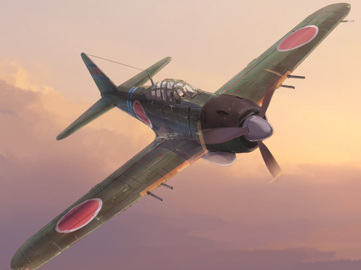 1girl, a6m_zero, above_clouds, airplane, aviator_cap, fairy_(kantai_collection), kantai_collection, nanashina