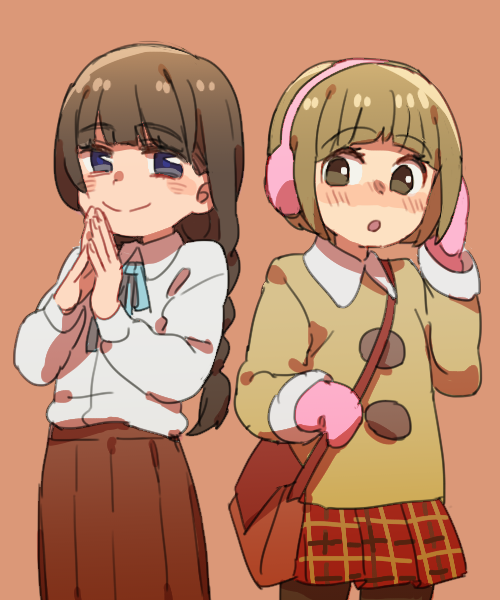 2girls, bag, bangs, blue_eyes, blue_ribbon, blunt_bangs, blush, brown_eyes