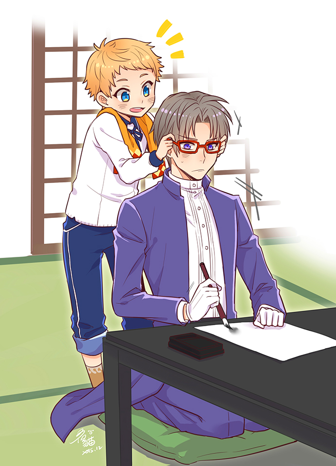 2boys, bespectacled, blonde_hair, blue_eyes, brown_hair, glasses, gloves, hakata_toushirou