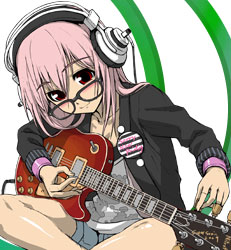 amber_eyes, blush, button, glasses, guitar, headphones, nitroplus, pink_hair