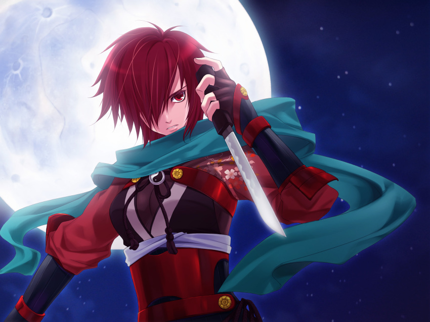 armor, full_moon, hair_over_one_eye, highres, knife, meiko, moon, natsu_(pixiv312174), ninja, red_eyes, red_hair, redhead, scarf, solo, vocaloid