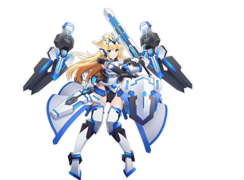 1girl, armor, blonde_hair, blue_eyes, cosmic_break, elisalotte, headgear, long_hair, official_art, ponytail, princess, saber_elisalotte, smile, solo, sword, tiara, wakaba, weapon