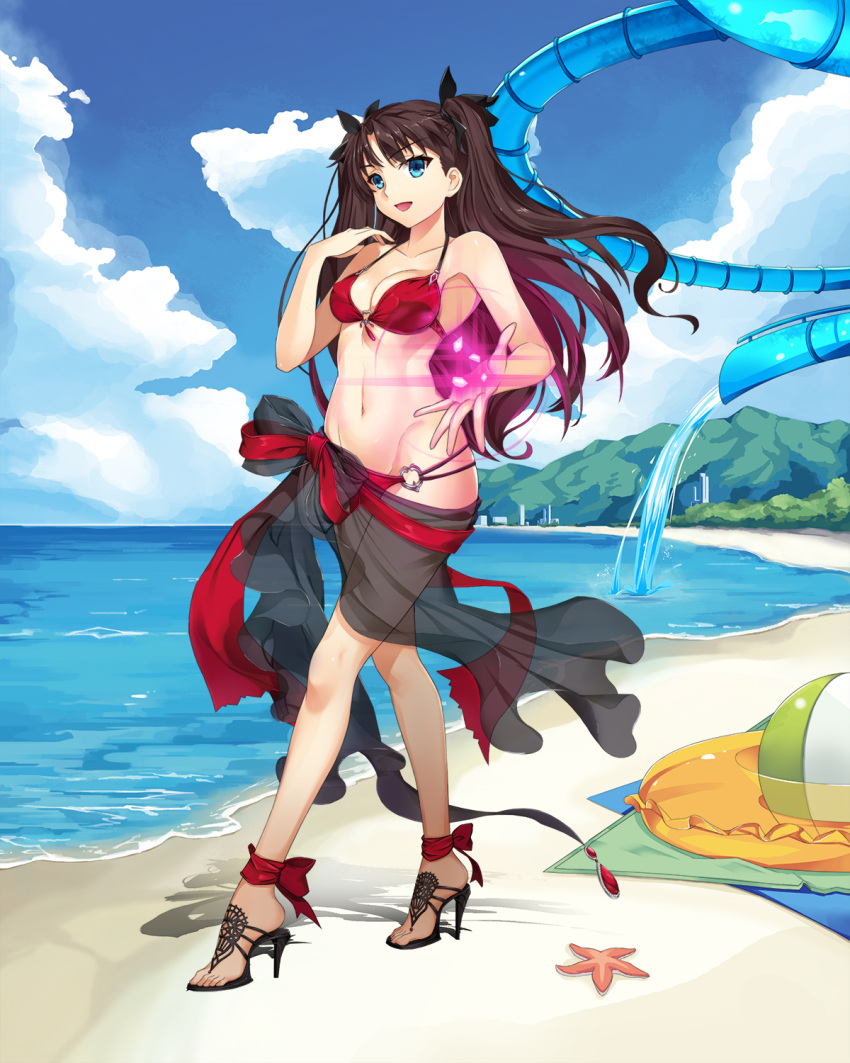 1girl, akira_(5888172), ankle_ribbon, anklet, beach, bikini, black_hair, blue_eyes, breasts, fate/stay_night, fate_(series), gem, glowing, hair_ribbon, heart_ring_bottom, high_heels, highres, jewelry, long_hair, ribbon, sandals, sarong, see-through, solo, swimsuit, tohsaka_rin, toosaka_rin, two_side_up