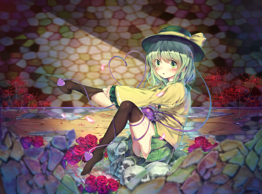 1girl, blurry, chu_qing, depth_of_field, flower, green_eyes, green_hair, hat