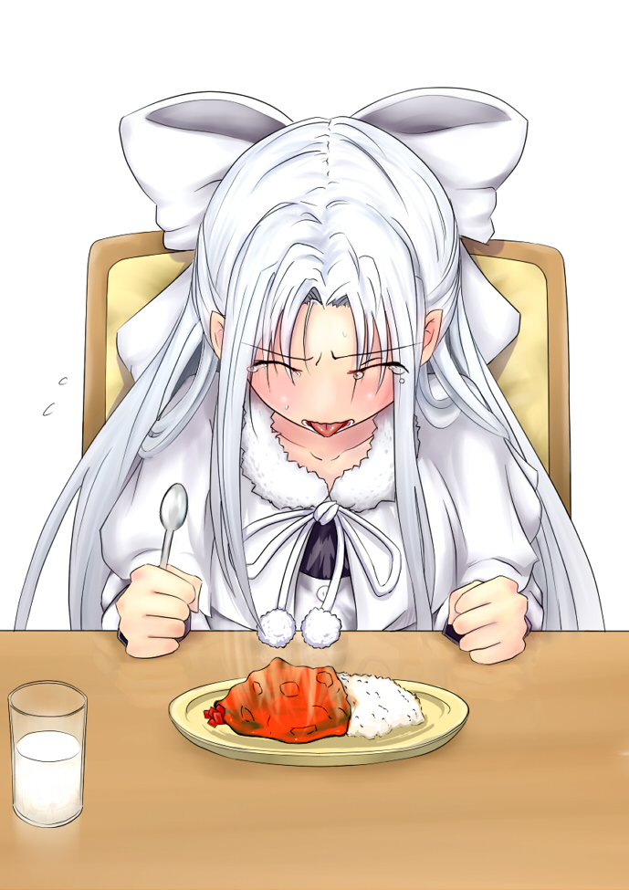curry, food, hair_ribbon, hands, long_hair, melty, melty_blood, mikeco