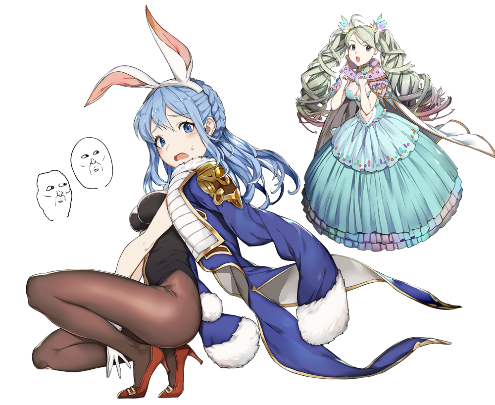 2girls, :o, animal_ears, aqua_hair, blush, braid, breasts, bunnysuit