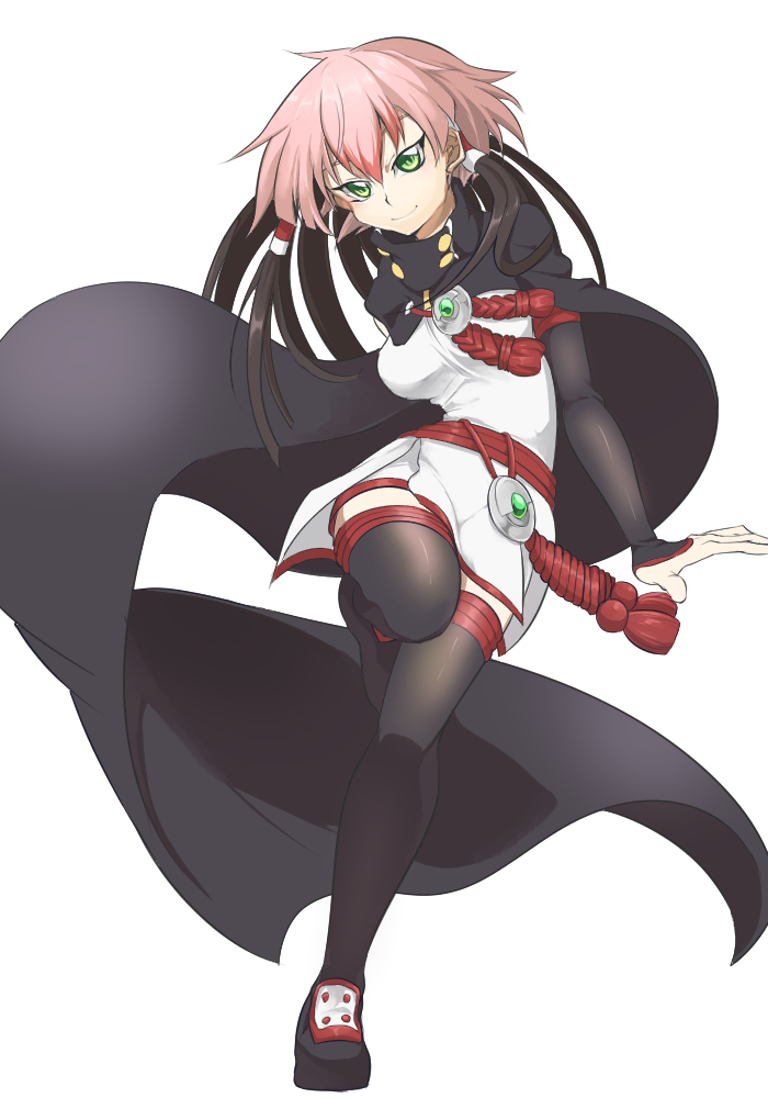 1girl, black_hair, black_legwear, breasts, cloak, green_eyes, jewelry, large_breasts